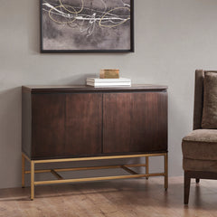 Accent Cabinet with 2 Doors in Brown Wood with Gold Metal Base