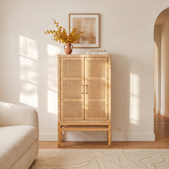 Accent Cabinet with 2 Doors in Natural Rattan and Mahogany