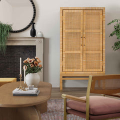 Accent Cabinet with 2 Doors in Natural Rattan and Mahogany