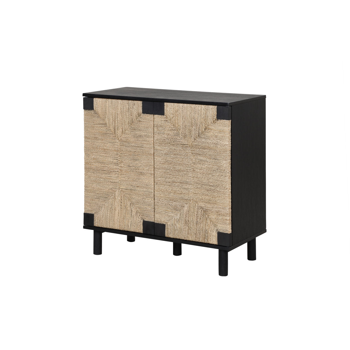 Accent Cabinet with 2 Doors in Solid Wood and Woven Fronts, Black