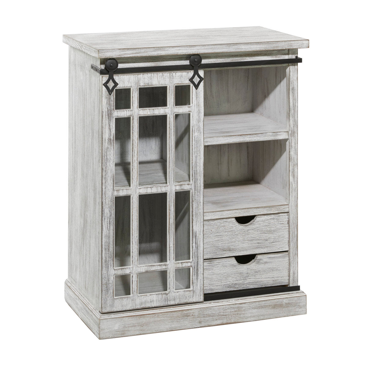 Accent Cabinet with 2 Drawers and Glass Door, Gray-White Wood with Black Iron