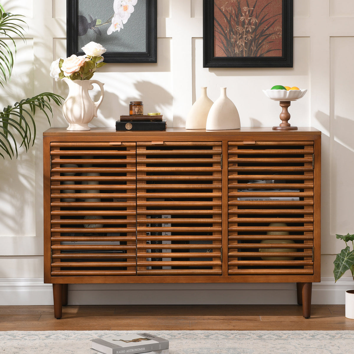 Accent Cabinet with 3 Doors, Slatted Pine Wood in Walnut