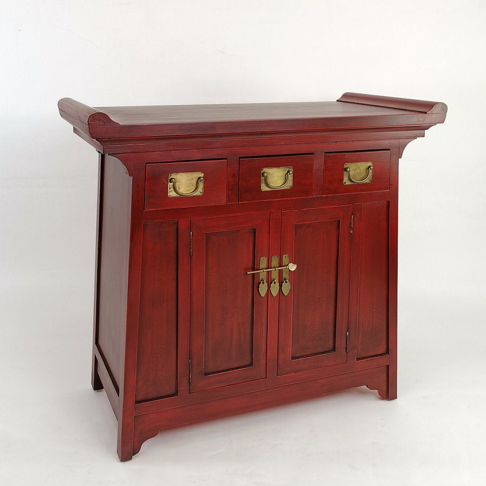 Accent Cabinet with 3 Drawers and 2 Doors, Red Lacquered Wood