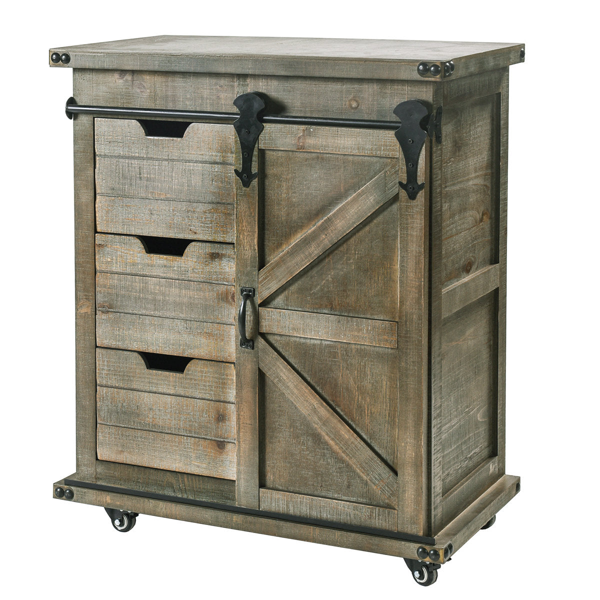 Accent Cabinet with 3 Drawers and Barn Door, Driftwood Gray