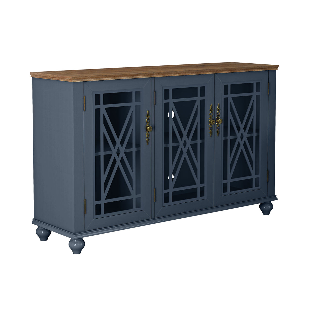 Accent Cabinet with 3 Glass Doors, Walnut and Navy