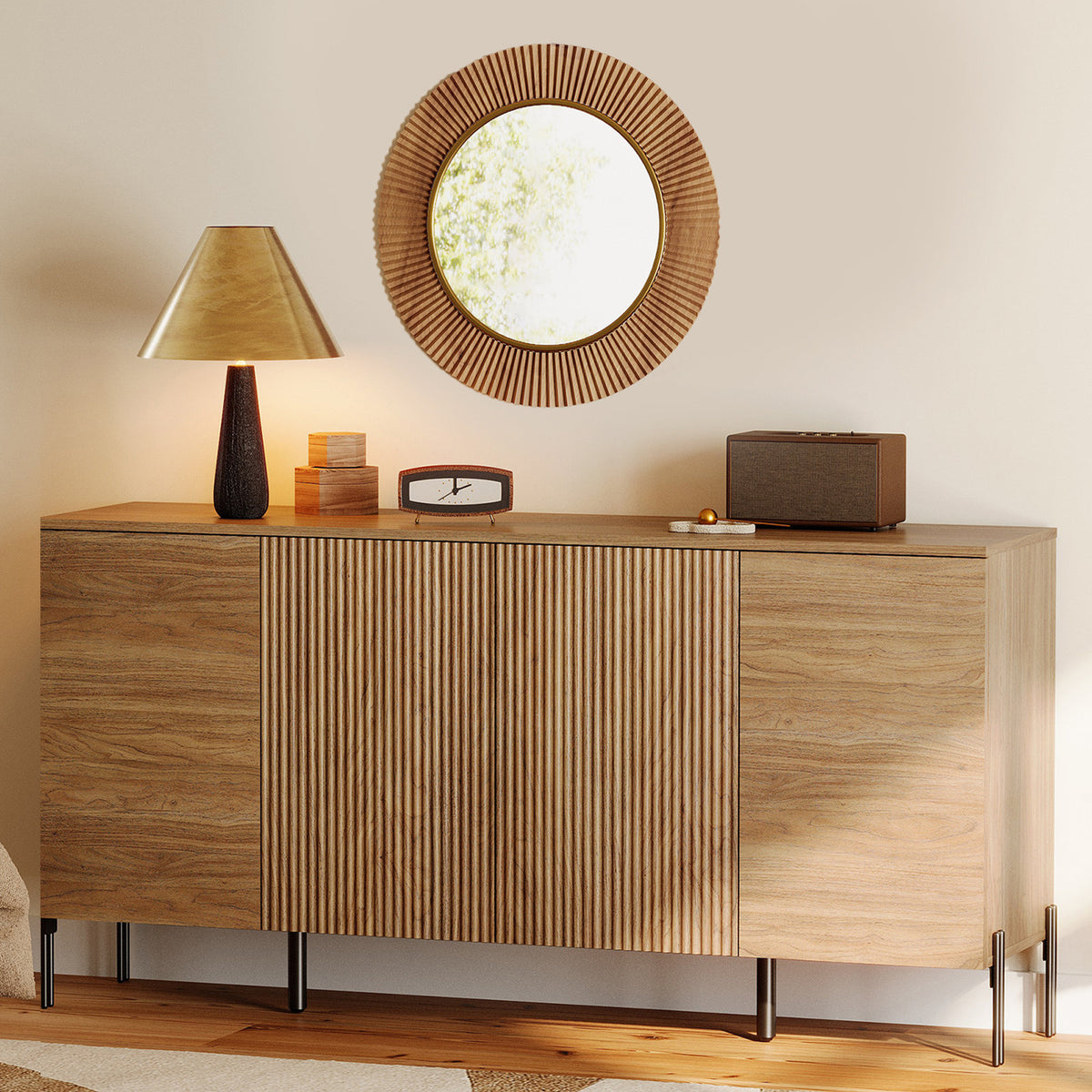 Accent Cabinet with 4 Doors, Walnut Engineered Wood and Metal Base