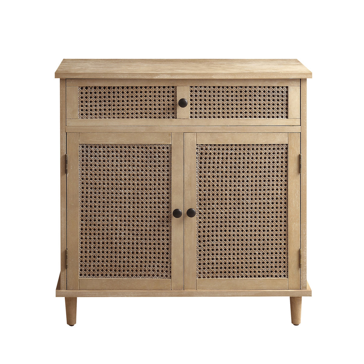 Accent Cabinet with Drawer and Doors, Brown Wood with Black Metal Hardware