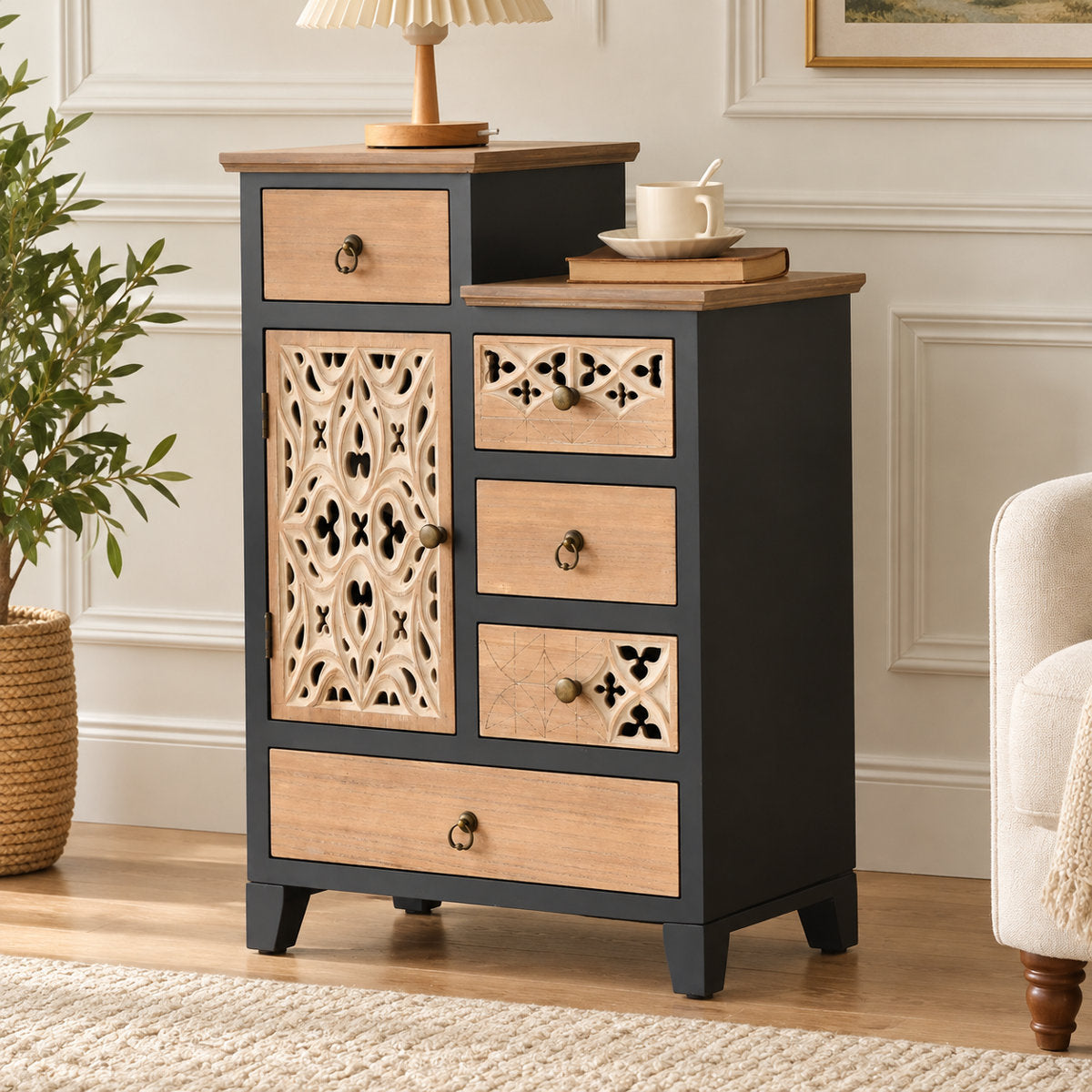 Accent Cabinet with Five Drawers and a Door, Deep Blue and Natural Wood