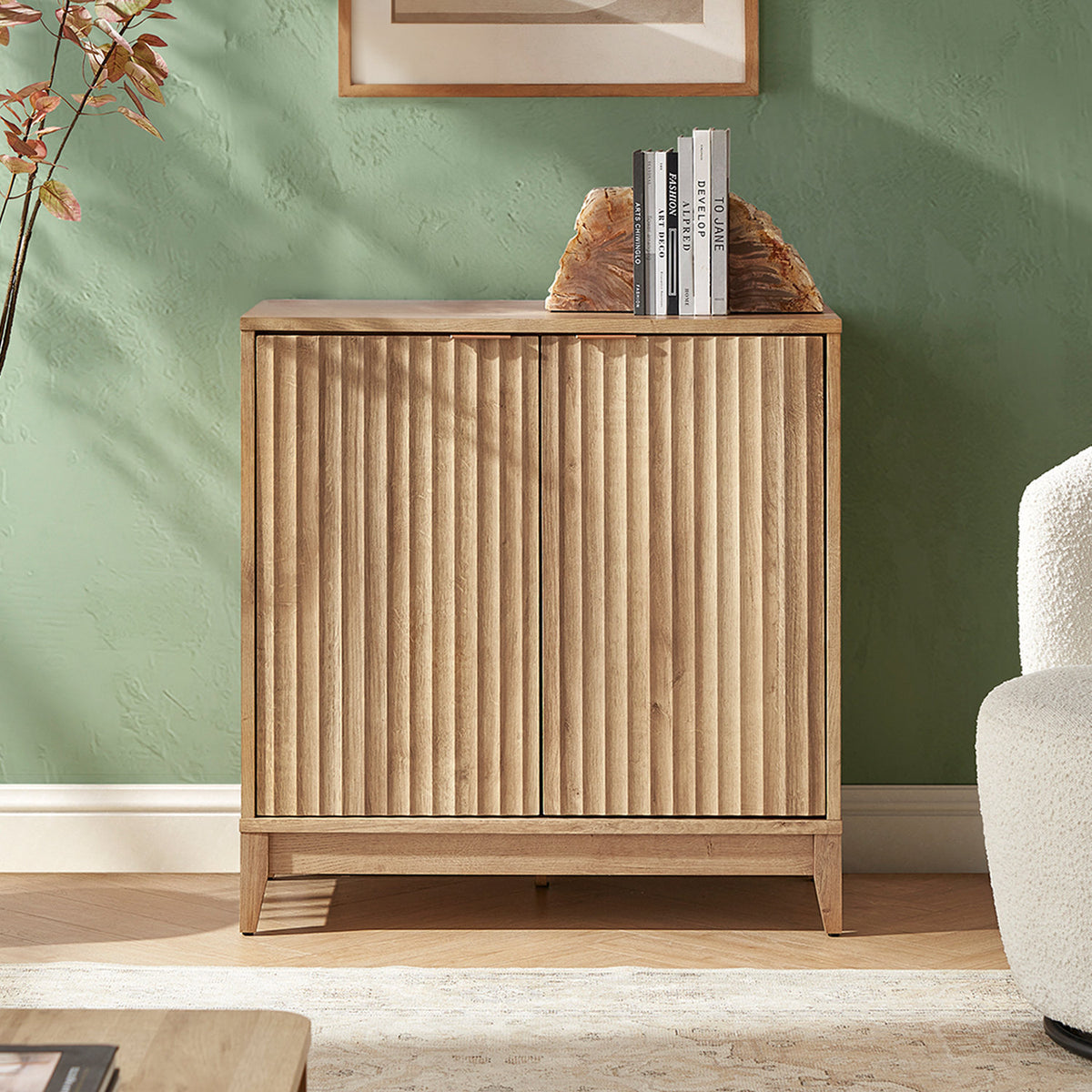 Accent Cabinet with Fluted Doors and Tapered Legs, Oak