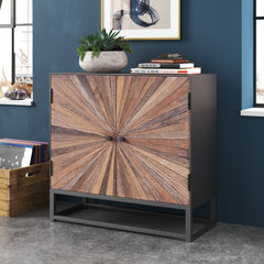 Accent Cabinet with Sunburst Reclaimed Wood Doors and Metal Frame, Natural