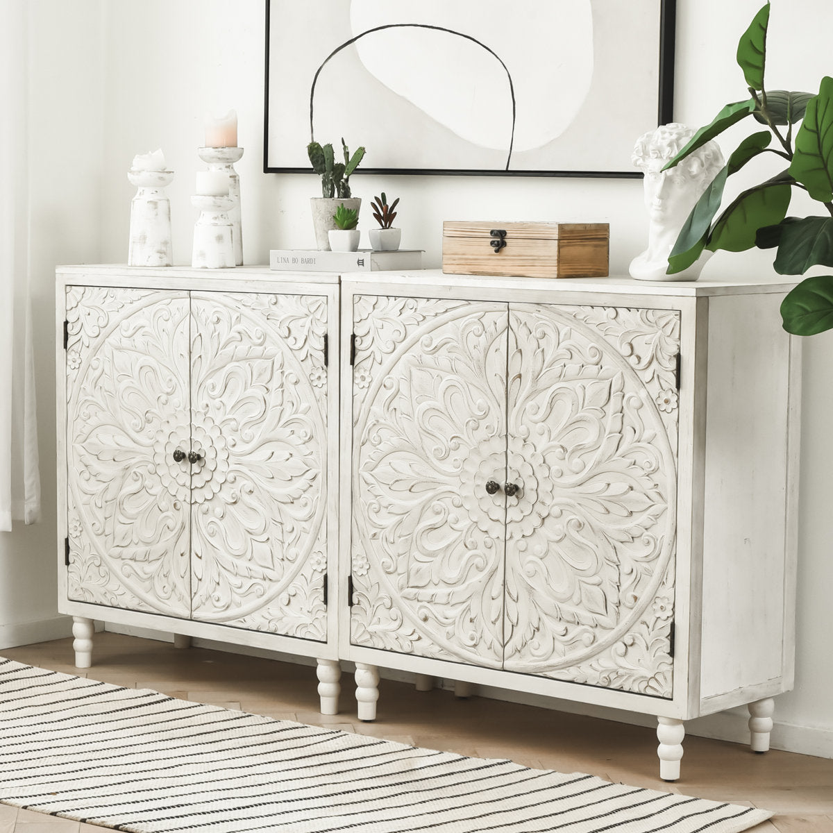 Accent Cabinet with Two Doors in White Cream Solid and Engineered Wood