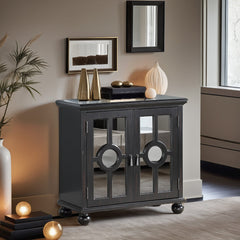 Accent Cabinet, Wood and Glass Doors, Antique Black, Antique Brass Pulls