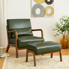 Accent Chair and Ottoman Set in Green Faux Leather with Espresso Wood Legs