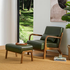 Accent Chair and Ottoman Set in Green Faux Leather with Espresso Wood Legs