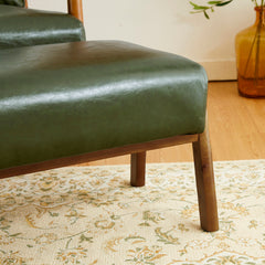 Accent Chair and Ottoman Set in Green Faux Leather with Espresso Wood Legs