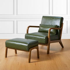 Accent Chair and Ottoman Set in Green Faux Leather with Espresso Wood Legs