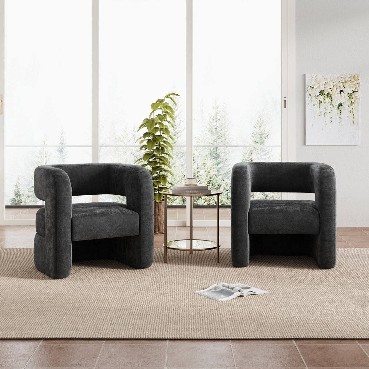 Accent Chair, Black Chenille with Wood Frame and Square Arms