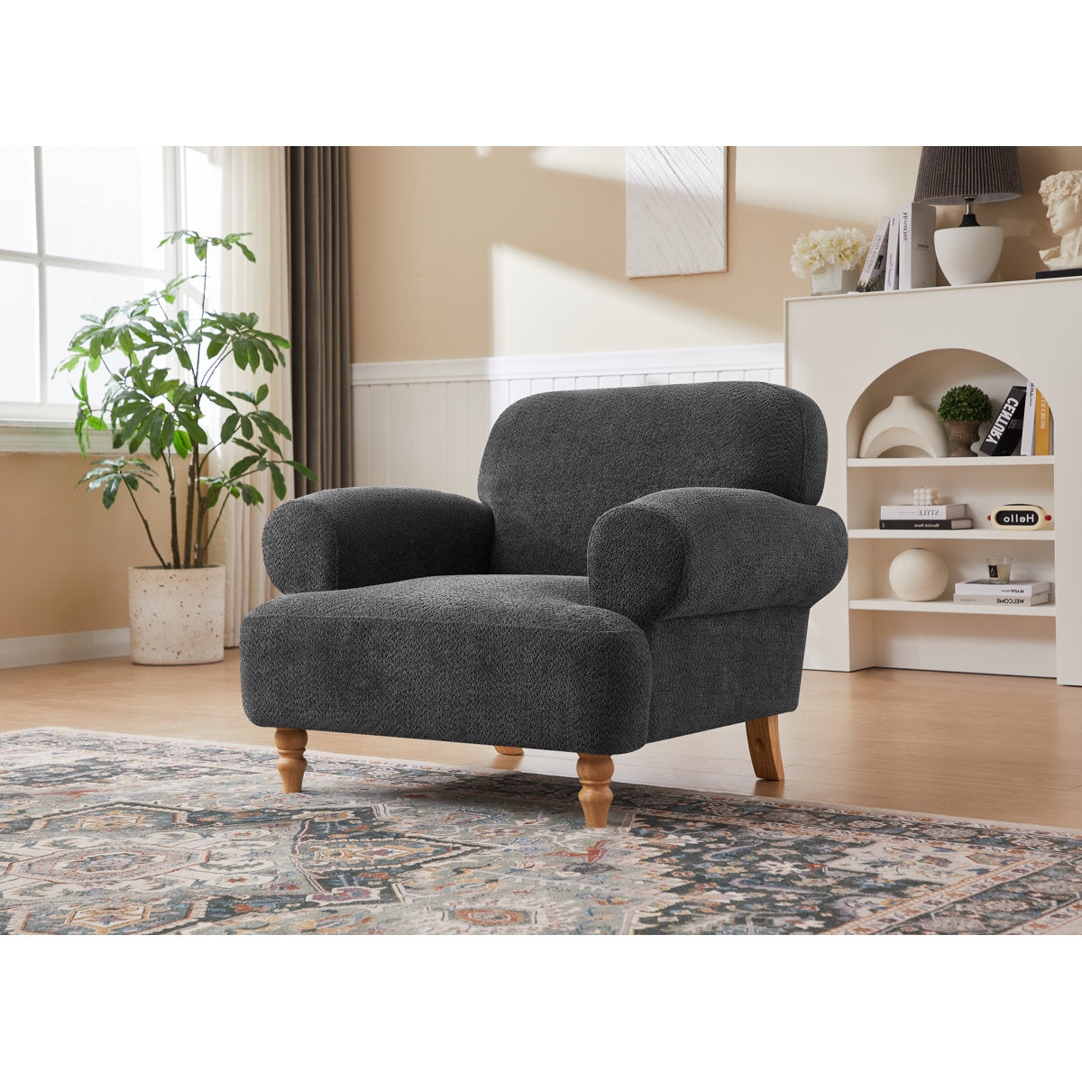 Accent Chair, Dark Gray Chenille with Oak Legs