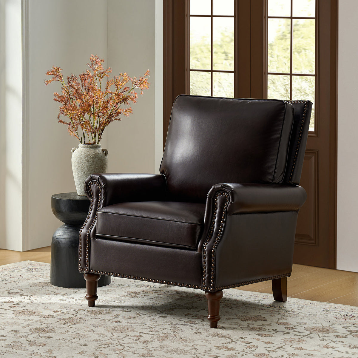 Accent Chair, Genuine Leather with Dark Brown Wood Legs