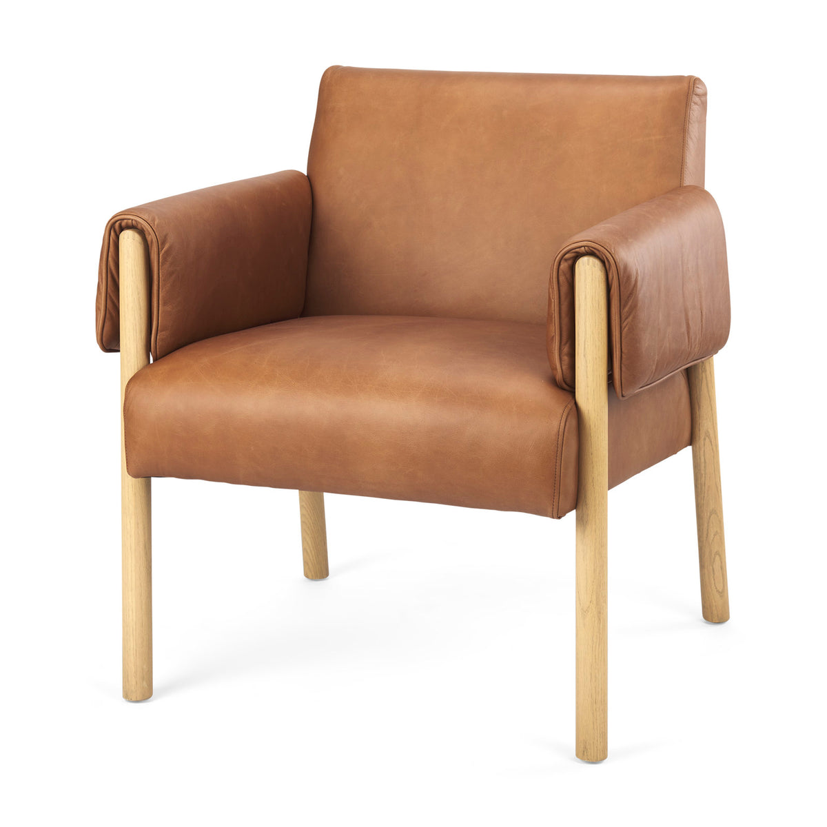 Accent Chair in Brown Genuine Leather with Solid Wood Legs