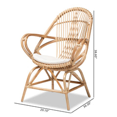 Accent Chair, Natural Rattan Frame, White Polyester Upholstery