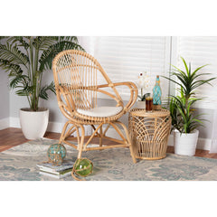Accent Chair, Natural Rattan Frame, White Polyester Upholstery