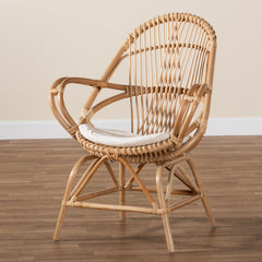 Accent Chair, Natural Rattan Frame, White Polyester Upholstery