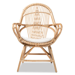 Accent Chair, Natural Rattan Frame, White Polyester Upholstery