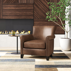 Accent Chair with Brown Top-Grain Leather and Espresso Wood Legs