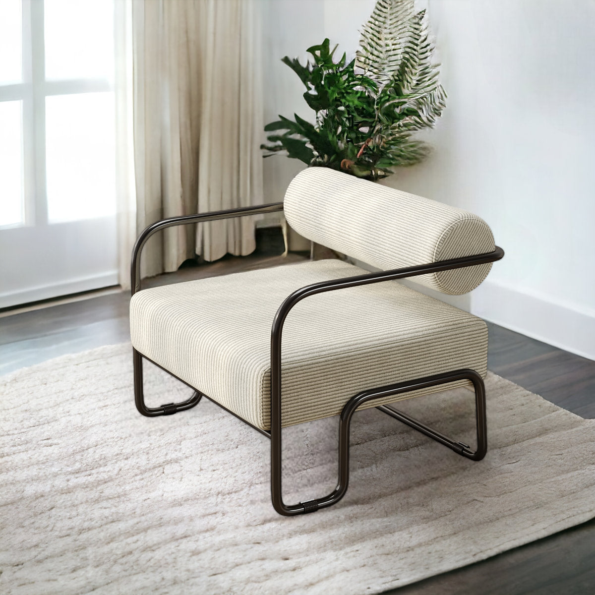 Accent Chair with Cylindrical Backrest, Beige Corduroy with Black Legs