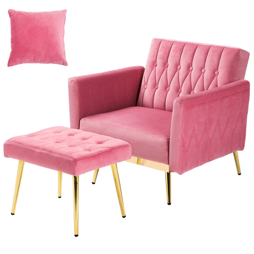 Accent Chair with Ottoman, Pink Velvet, Gold Metal Legs