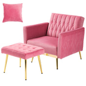 Accent Chair with Ottoman, Pink Velvet, Gold Metal Legs