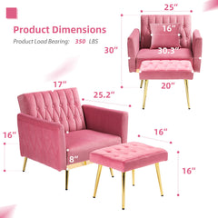 Accent Chair with Ottoman, Pink Velvet, Gold Metal Legs