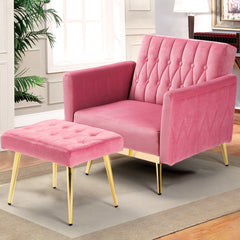 Accent Chair with Ottoman, Pink Velvet, Gold Metal Legs