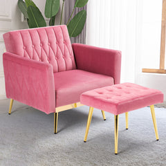 Accent Chair with Ottoman, Pink Velvet, Gold Metal Legs