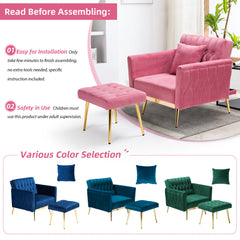 Accent Chair with Ottoman, Pink Velvet, Gold Metal Legs