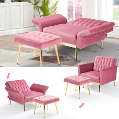 Accent Chair with Ottoman, Pink Velvet, Gold Metal Legs