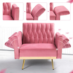 Accent Chair with Ottoman, Pink Velvet, Gold Metal Legs