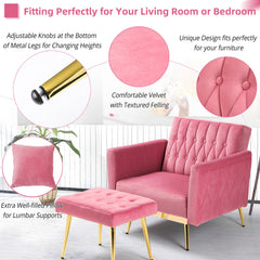 Accent Chair with Ottoman, Pink Velvet, Gold Metal Legs