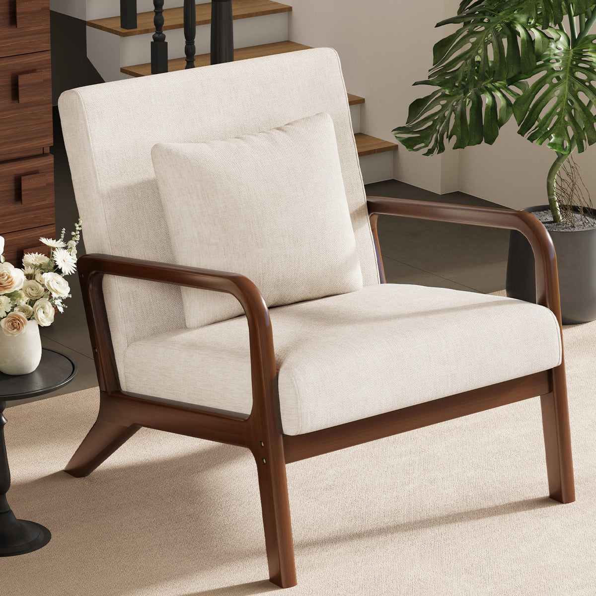 Accent Chair with Throw Pillow, Beige Linen with Dark Brown Wood Legs