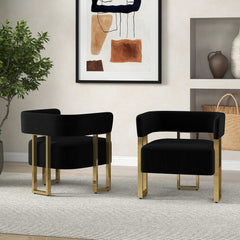 Accent Chairs, Set of 2, Black Teddy Fabric with Gold Metal Legs