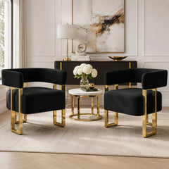 Accent Chairs, Set of 2, Black Teddy Fabric with Gold Metal Legs