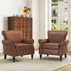 Accent Chairs, Set of 2, Brown Faux Leather with Black Walnut Legs