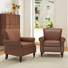 Accent Chairs, Set of 2, Brown Faux Leather with Black Walnut Legs
