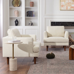 Accent Chairs, Set of 2, Cream Boucle with Walnut Legs
