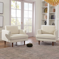 Accent Chairs, Set of 2, Cream Boucle with Walnut Legs