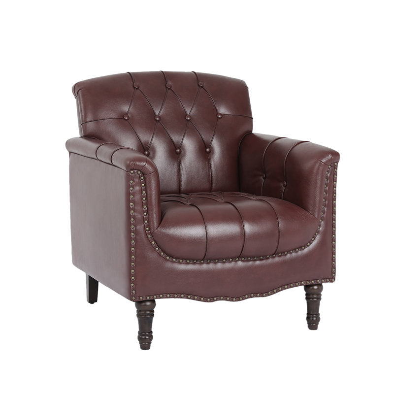 Accent Chairs, Set of 2, Dark Red Faux Leather with Dark Brown Wood Legs