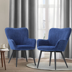 Accent Chairs, Set of 2, Navy Linen Blend, Black Metal Legs