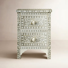 Accent Chest, 2-Drawer, Mango Wood with Bone Inlay, Gray