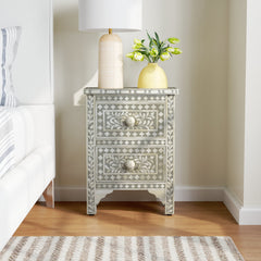 Accent Chest, 2-Drawer, Mango Wood with Bone Inlay, Gray